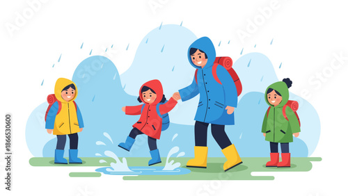 Family Adventure Exploring During A Rainy Day With Colorful Raincoats and Boots