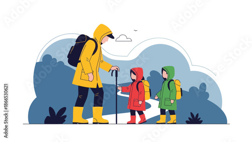 Family Adventure Exploring Nature Together On Hike With Colorful Waterproof Gear