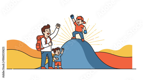 Family Adventure Father And Children Reaching Peak Mountain Illustration