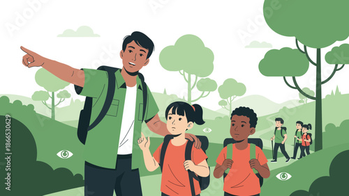 Family Adventure Guide Leading Children On a Forest Hike Exploring Nature