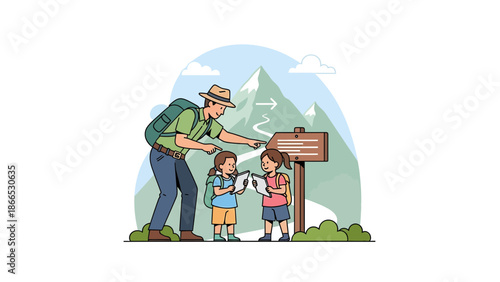 Family Adventure: Father And Daughters Navigate Mountain Trail With Map And Signpost