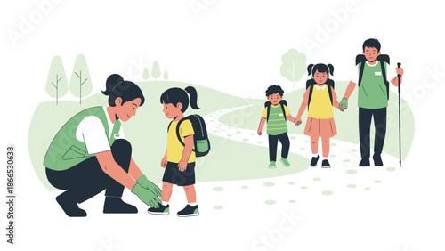 Family Adventure Outdoor Trip With Loving Mother Preparing Child For Exploration