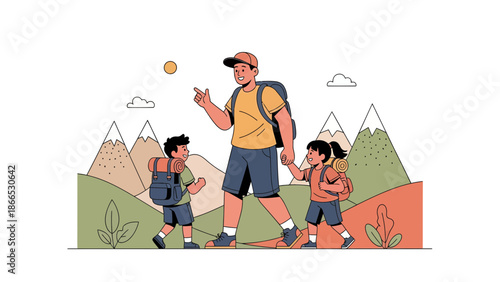 Family Adventure Father With Children Hiking In The Mountains Outdoors Trip