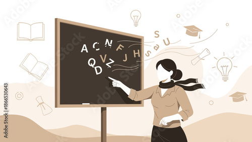 Female Teacher Explaining Alphabet on Chalkboard for Early Childhood Education