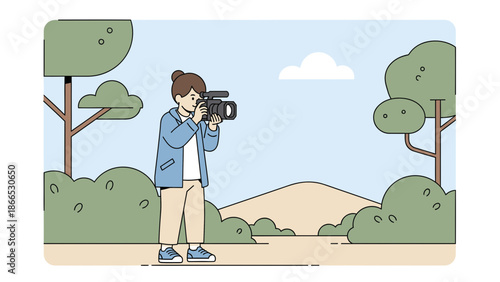 Female Videographer Shooting Outdoors Documentary Filming Capturing Beautiful Nature