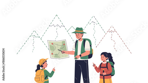 Family Adventure On Hiking Trail With Map Over Mountains For Outdoor Trip