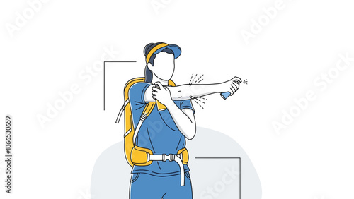 Female Traveler Applying Insect Repellent on Her Arm Before Outdoors Adventure