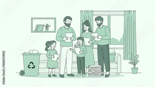 Family Together Analyzing Documents Paperwork at Home Environmentally Friendly lifestyle