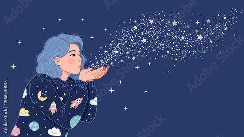 Fantasy World Girl Blowing Stars Out Of Her Hands With Space Motif Sweater