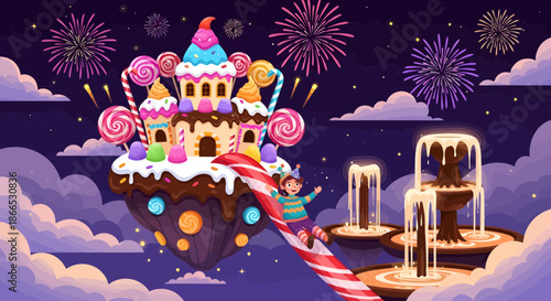 Whimsical Candy Castle in the Sky with Chocolate Fountain.
