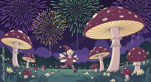 Whimsical Fairy Celebration Amidst Giant Mushrooms and Fireworks.