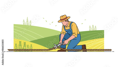Farmer Cutting Rope On The Field Symbolic Of Overcoming Challenges Or Problem