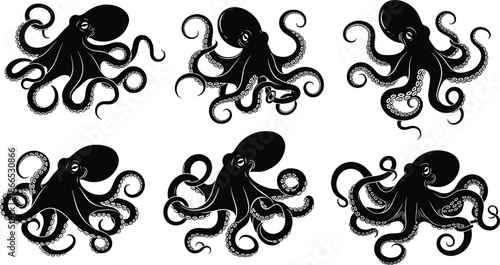 Octopus silhouettes vector set, black sea creature icons collection, marine animal tentacles shapes, underwater wildlife illustration, ocean life design