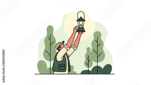 Finding The Way Forward Person Holds Up Lantern In Natural Environment