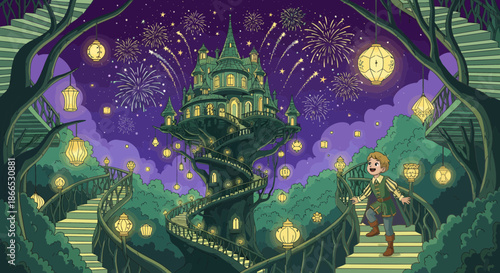 Whimsical Treehouse Adventure A Boys Journey to a Magical Tower.