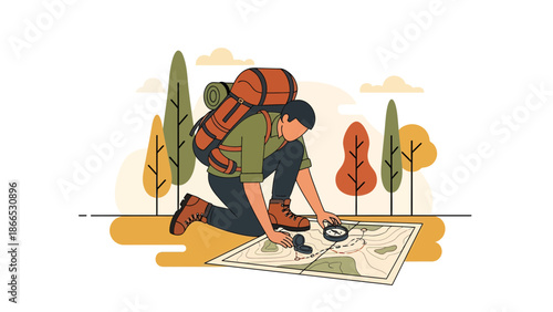 Finding The Way: Hiker Using Compass And Map For Navigation In Nature Landscape