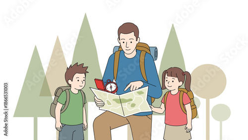 Father And Children Enjoying A Hiking Adventure Exploring A Map In The Forest