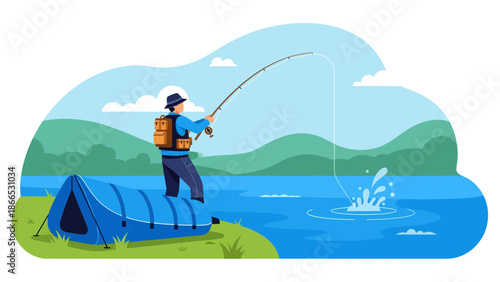 Fisherman Casting Rod By Campsite, A Serene Outdoor Recreation Near the Lake