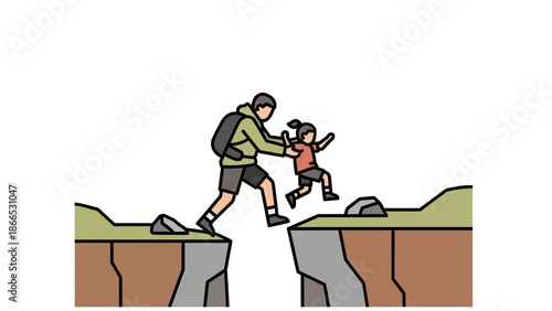 Father And Daughter Adventuring Together Helping Her Cross a Gap in Mountain