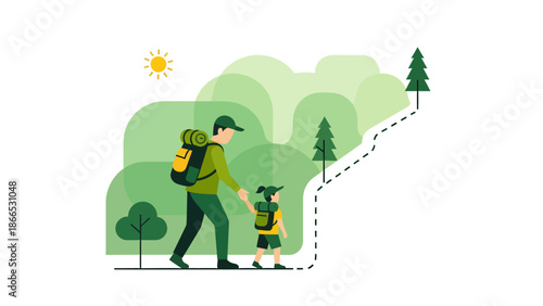 Father And Daughter Adventure Hiking In Natural Landscape On A Sunny Day