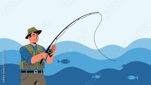 Fisherman Casting Rod Into Water Enjoying Peaceful Day Outdoors Illustration