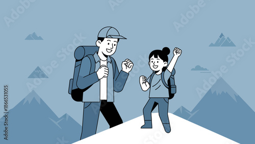 Father And Daughter Celebrating Achievement On Mountain Peak Family Adventure
