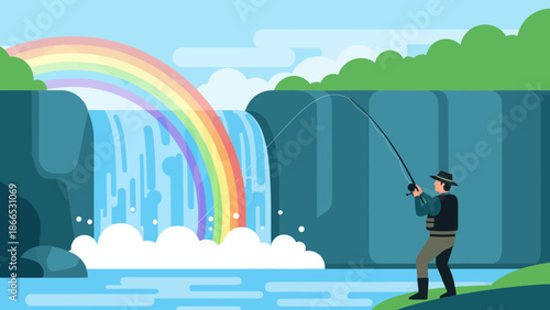 Fisherman In Nature's Paradise Catching Fish By A Picturesque Waterfall