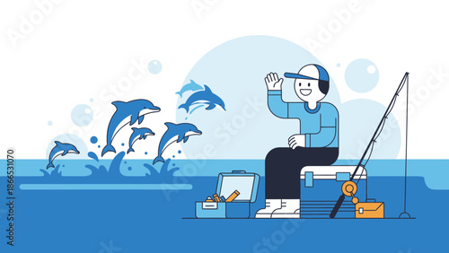 Fisherman Greets Dolphins As They Jump From The Water In A Cheerful Scene