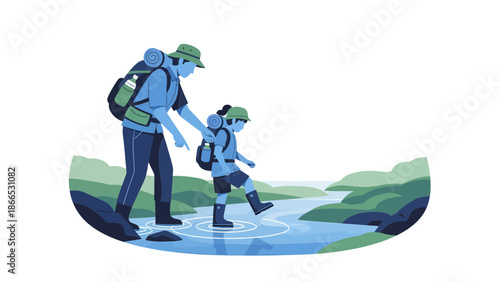 Father And Daughter Crosses A Stream On Their Hiking Adventure Together