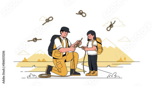 Father And Daughter Learning Rope Knots During An Outdoor Adventure Trip