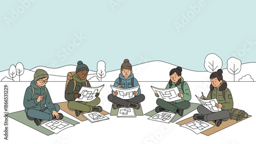 Five Hikers Studying Maps Together Planning A Route In A Snowy Landscape