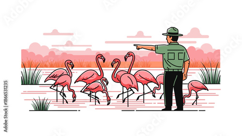 Flamingo Expedition Led By A Wildlife Ranger In A Vibrant Tropical Wetland