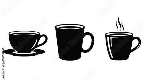 Three black coffee cups in a row simple and elegant silhouette