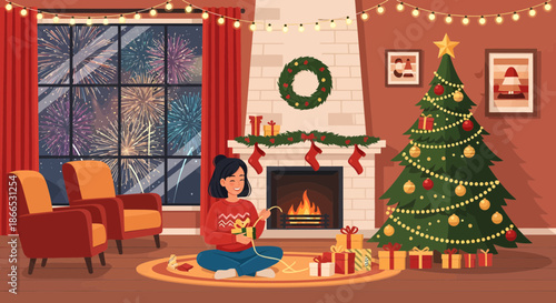 Cozy Christmas Eve Scene with Woman Knitting by Fireplace.