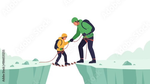 Father And Son Adventuring Together Over Mountain Gap With Safety Equipment
