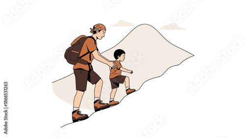Father And Son Climbing Mountain Together Exploring Nature Adventure Journey