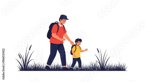Father And Son Hiking In Nature Together Enjoying Quality Time Outdoors
