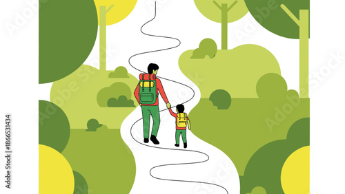 Father And Son Hiking In Nature Together On Forest Path Adventure Journey