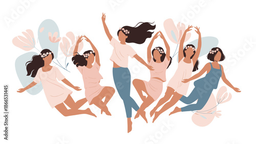 Floral Adorned Maidens Dancing Together Celebrating Unity and Harmony