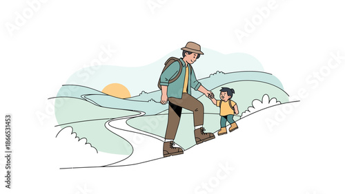 Father And Son Hiking Together Explore Nature Landscape Illustration