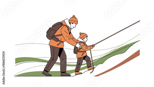 Father And Son Hiking In The Winter Landscape With Ropes In Minimalist Style
