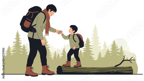 Father And Son Hiking Together In Forest Adventure Outdoor Exploration