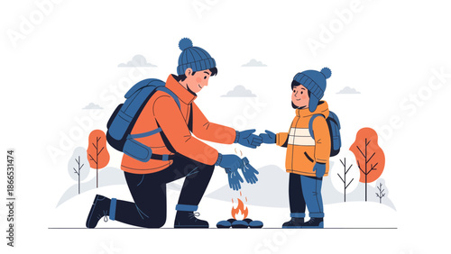 Father And Son Hiking Together Warming Up With Small Campfire On Winter Season