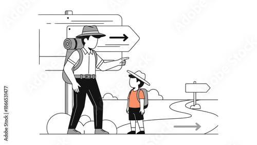 Father And Son Hiking Together Showing Direction For Future Journey Adventure