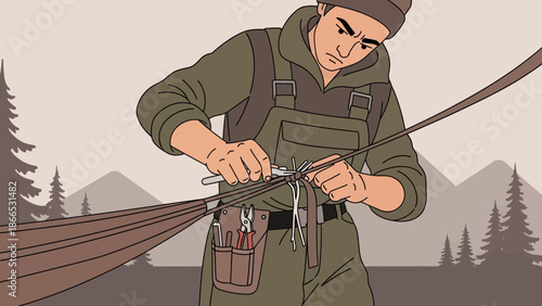 Focused Arborist Working Outdoors Repairing Ropes In Forest Setting Illustration
