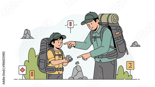 Father And Son Hiking Together Outdoor Adventure Guiding Through The Mountains