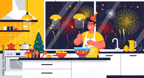 Man Celebrates New Years Eve in Kitchen with Fireworks.