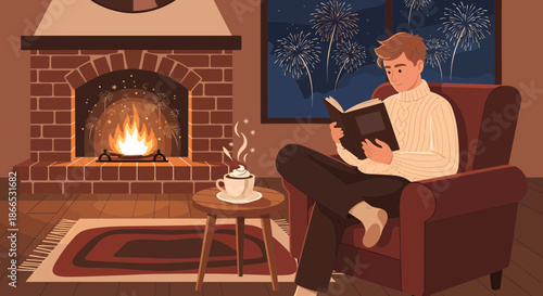 Man engrossed in reading by a cozy fireplace.