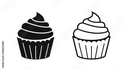 Two black and white cupcake illustrations presented as a striking silhouette