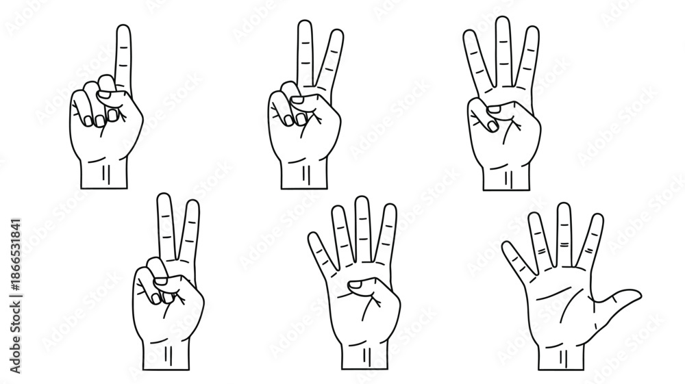 Fototapeta premium Illustrative hands displaying numbers one through five black and white silhouette